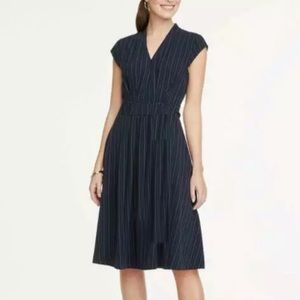 Ann Taylor pinstripe tie waist flare dress